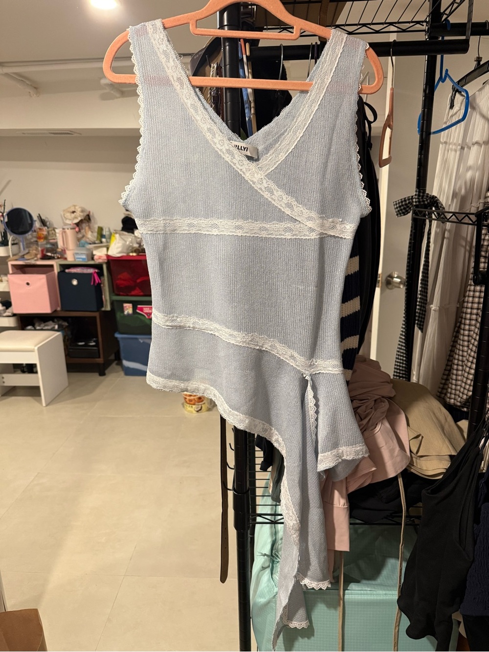 SHEIN Light Blue Lace-Trim Asymmetric Chemise